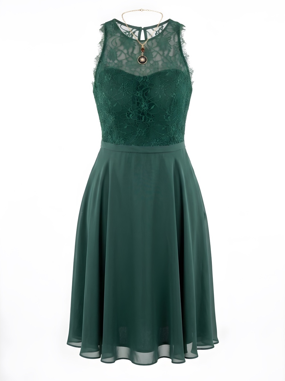 Sleeveless Forest Green Lace Bodice Midi Dress